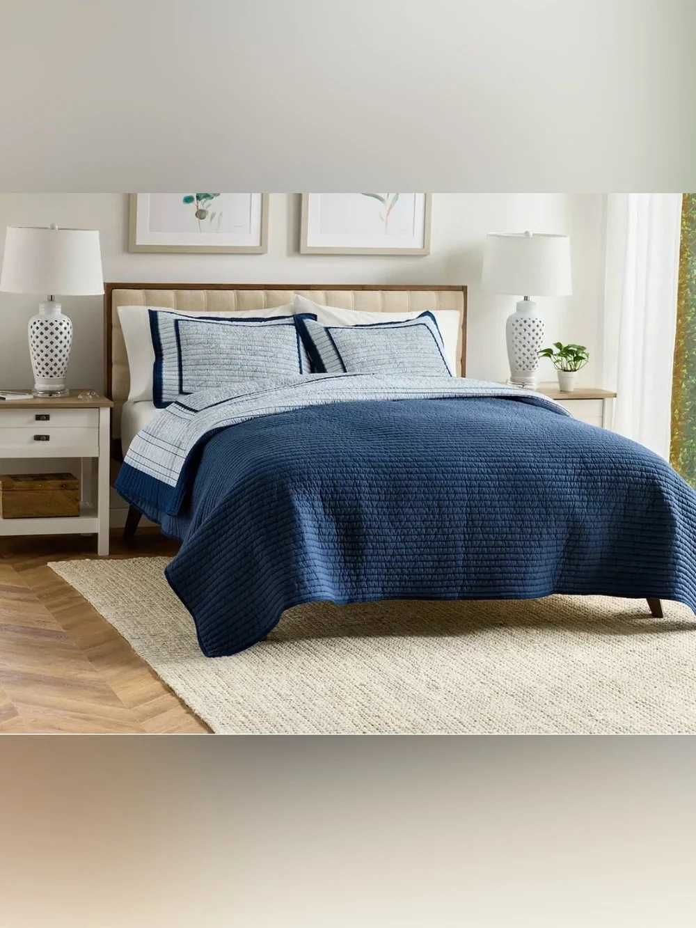 NWT Navy and Light Blue Quilted Twin Bedspread Set - Classic Stripe